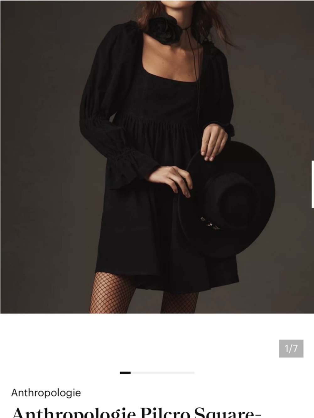 New Anthropologie Black Corduroy Square-Neck Mini Dress with Puff Sleeves